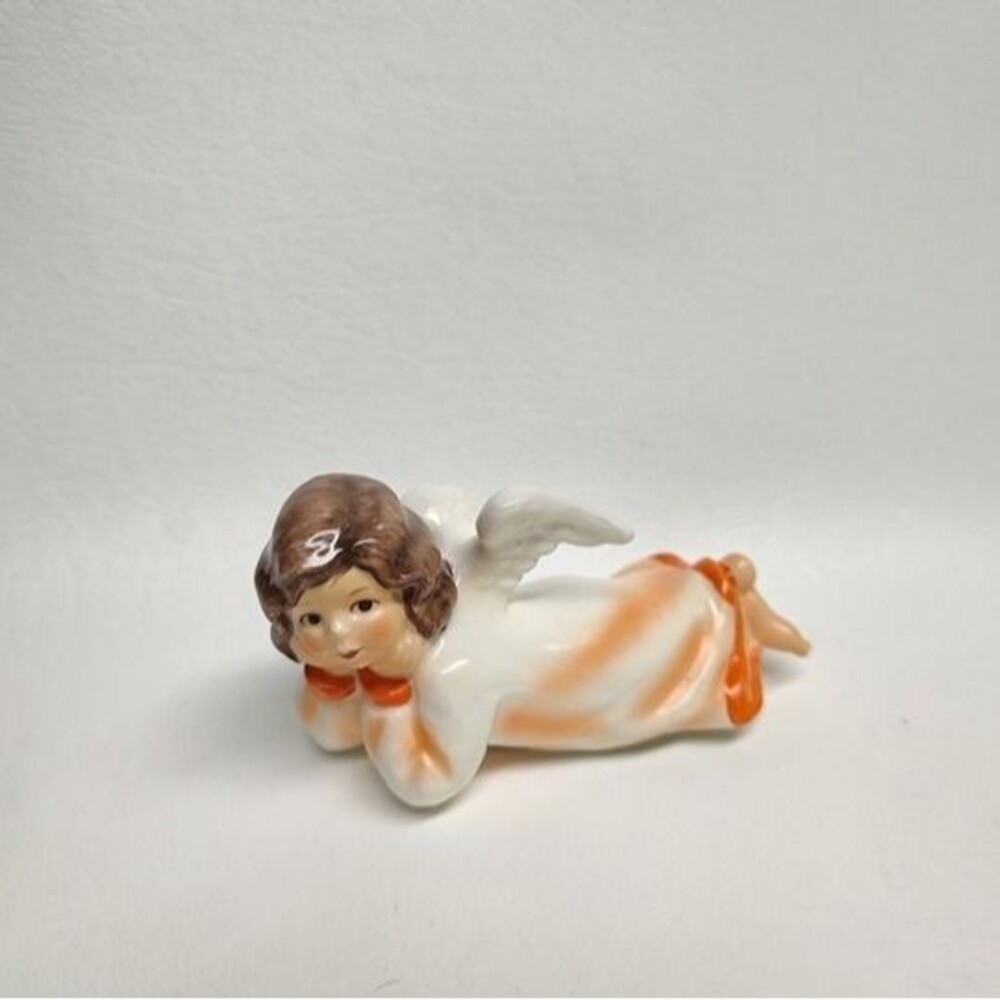 Vintage Goebel Lying Angel Figurine Orange Clothes Unusual West Germany 3-3/4" L
